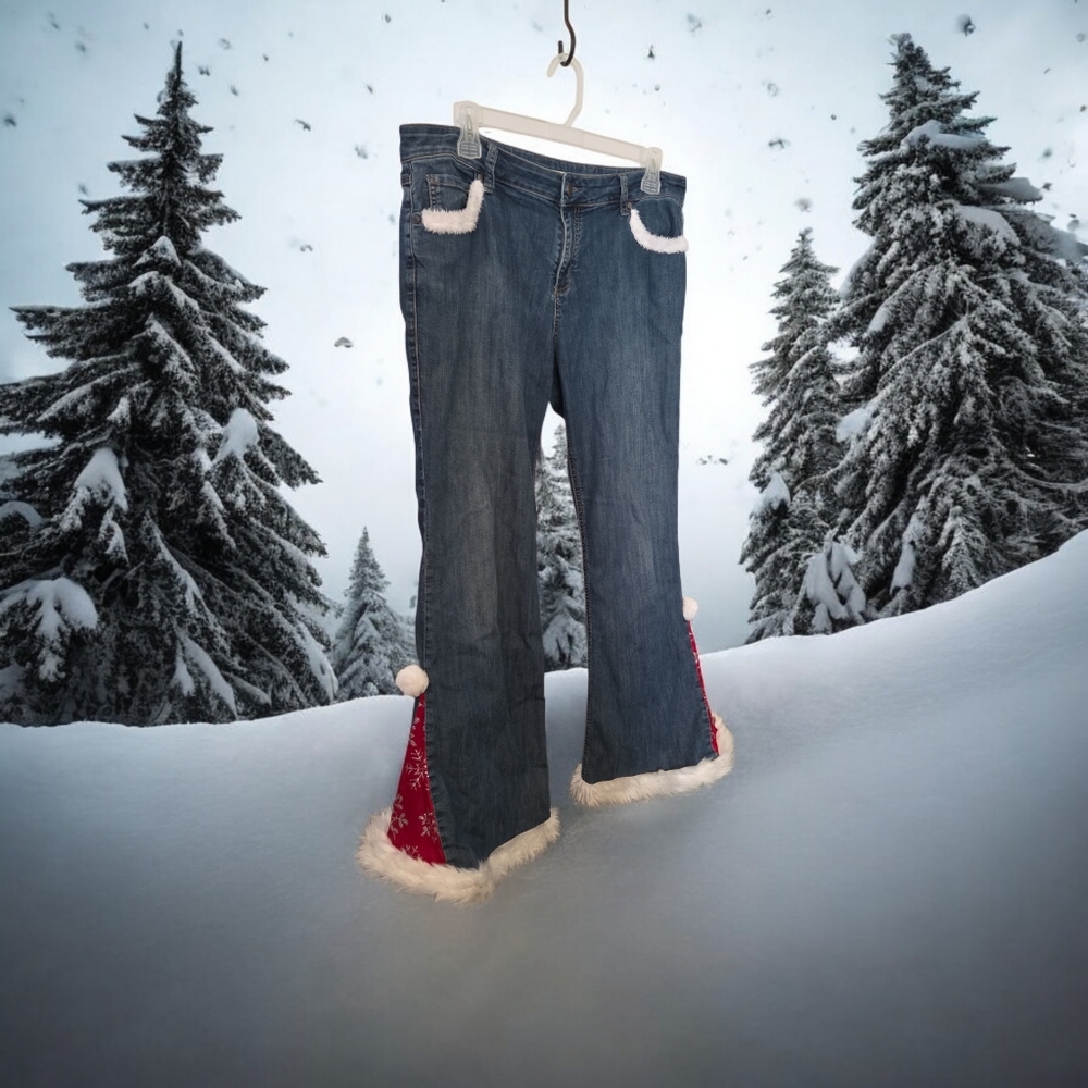 Christmas Santa Hat Pants Jeans Upcycled one of a kind handmade